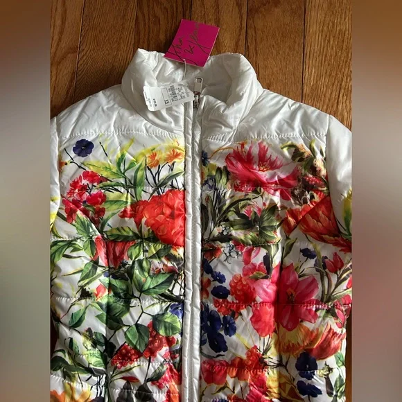 John + Jenn White Floral Puffer Jacket - Women's Quilted Coat Lightweight NWT XS - Picture 6 of 8